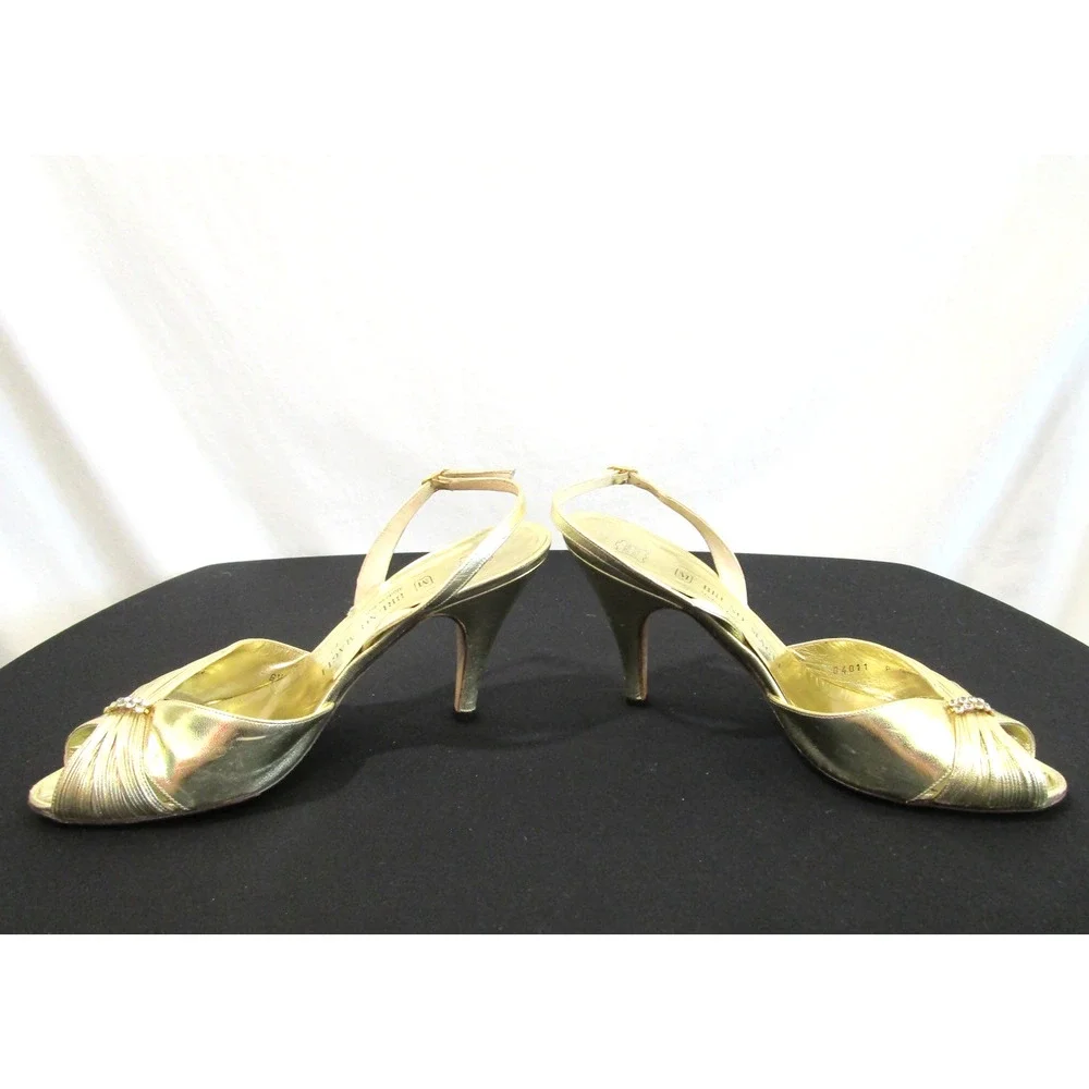 Vintage Bruno Magli Italy Gold Leather Rhinestone Slingback Heels, Women 6.5 B